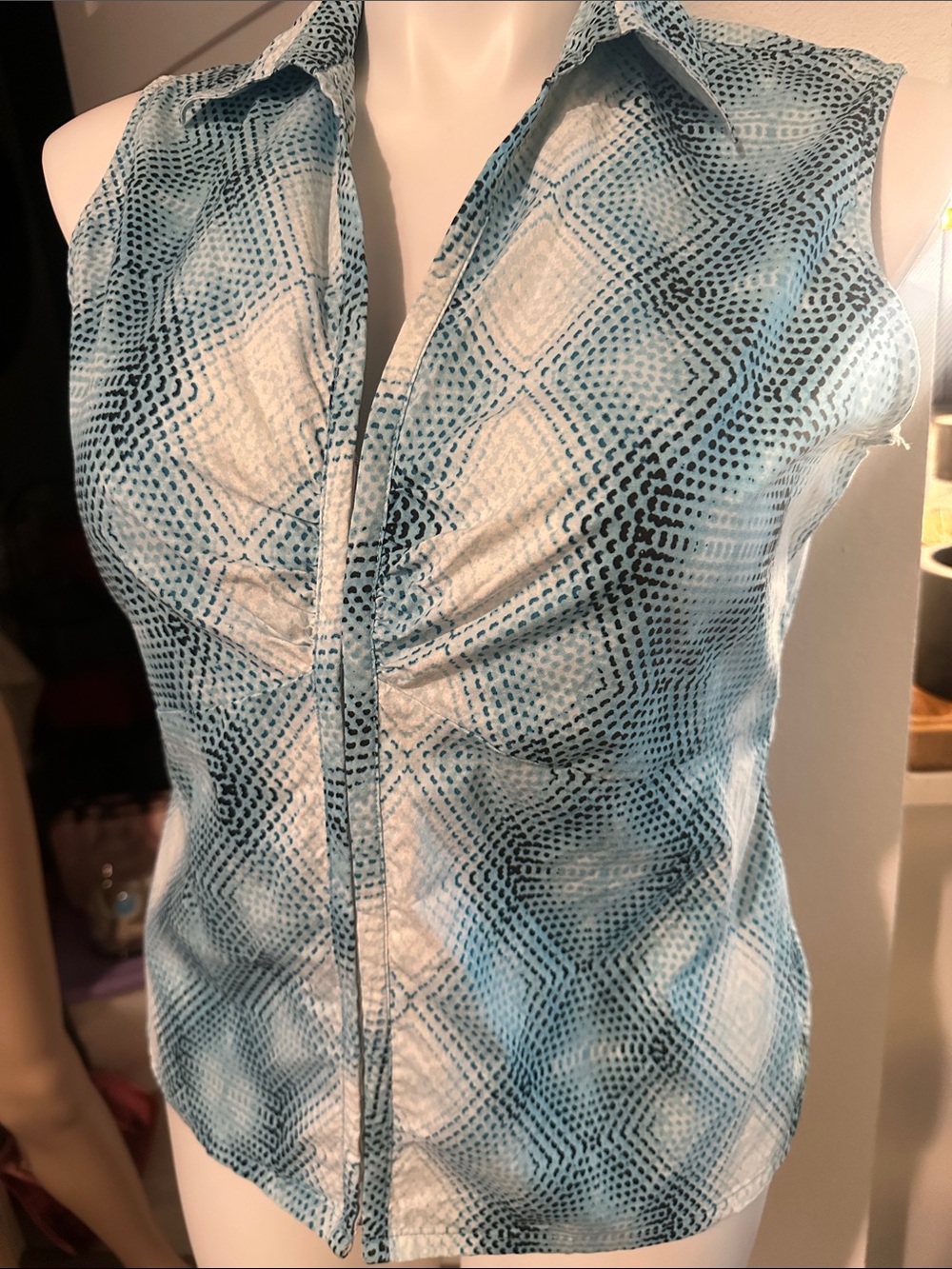 New York & Company Blue and White Sleeveless Button-Front Blouse